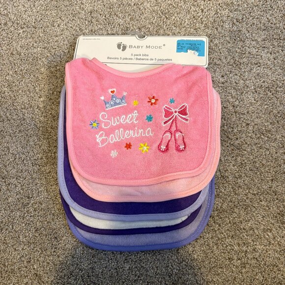 Infant Baby 5-pack Bibs Microterry Ballerina Pink Purple NEW - Picture 1 of 6